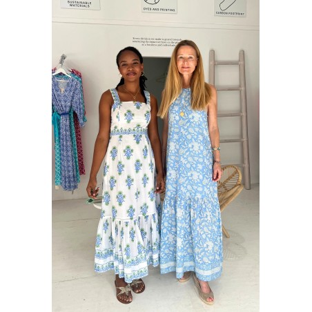 Limited Edition Bonnie Halter Block Print Maxi Dress | Blue/White Available for Immediate Shipping